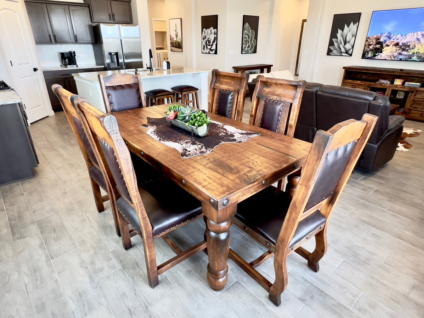 Oasis 6' Dining Table set with 6 Gran Hacienda Chairs in Chestnut finish