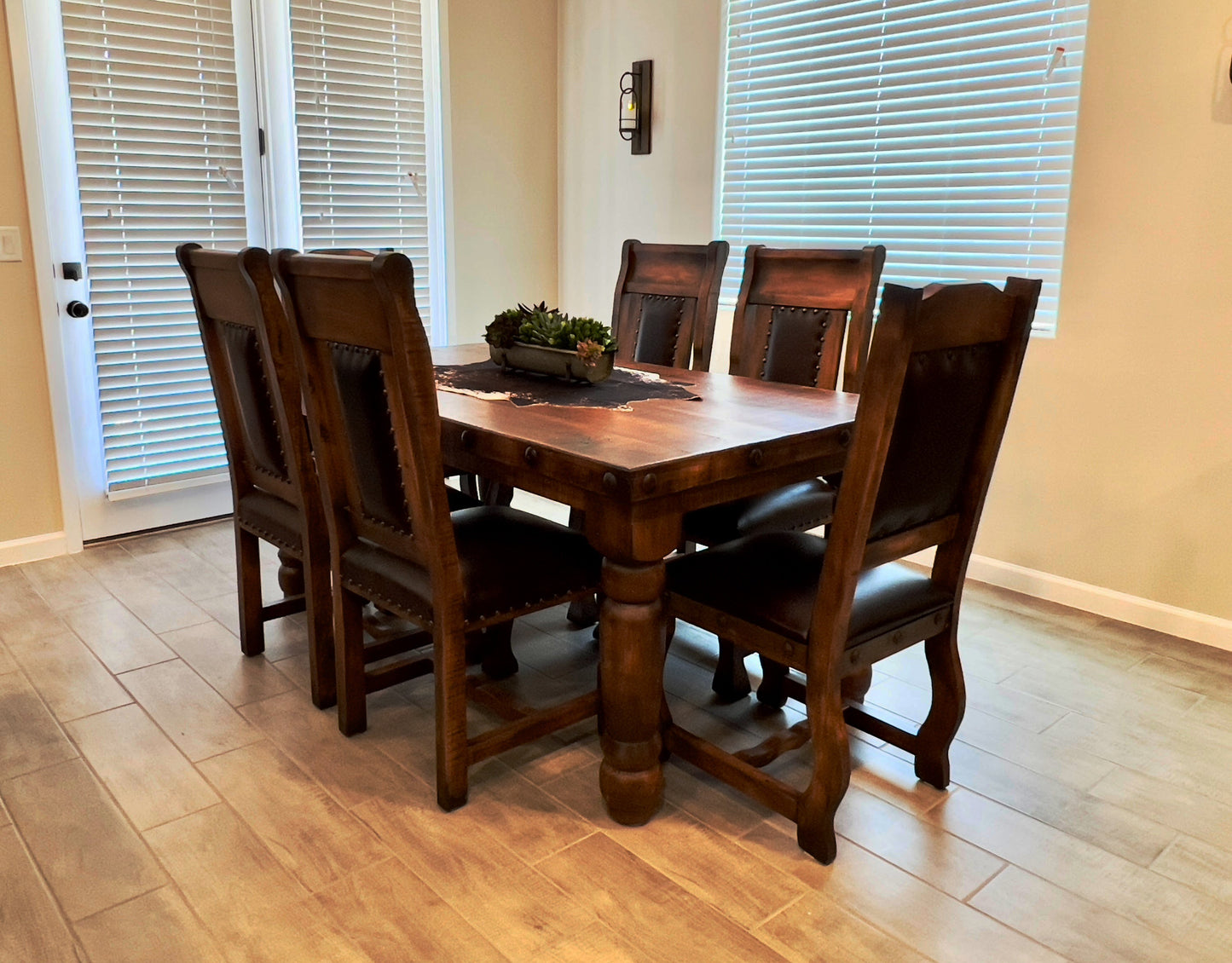 Oasis 6' Dining Table set with 6 Gran Hacienda Chairs in Chestnut finish