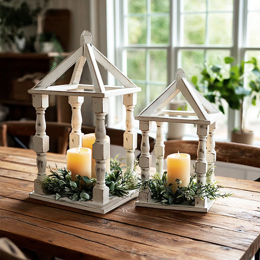 Distressed White Turned Wooden Open Lanterns, Set of Two